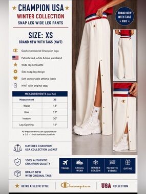 Champion USA Winter Collection Wide Leg Snap Pants NWT Size XS Cream Olympic